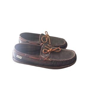 LL Bean Men's Brown Leather Slip On Flannel Lined Handsewn Slippers Size 9M B
